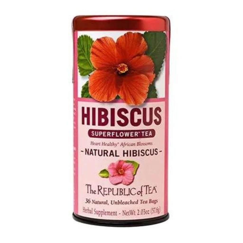 tea can with red hibiscus flower and pink label