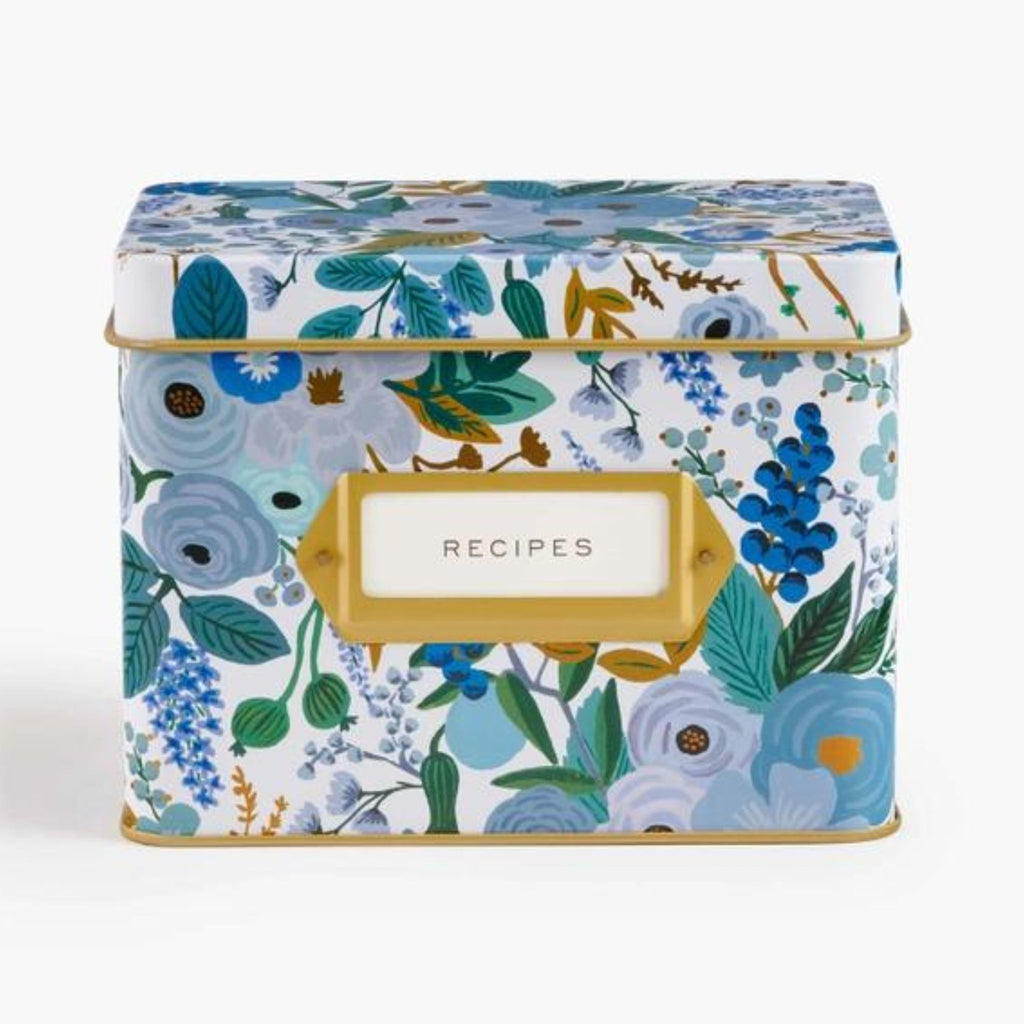 blue floral metal recipe box with gold trim 