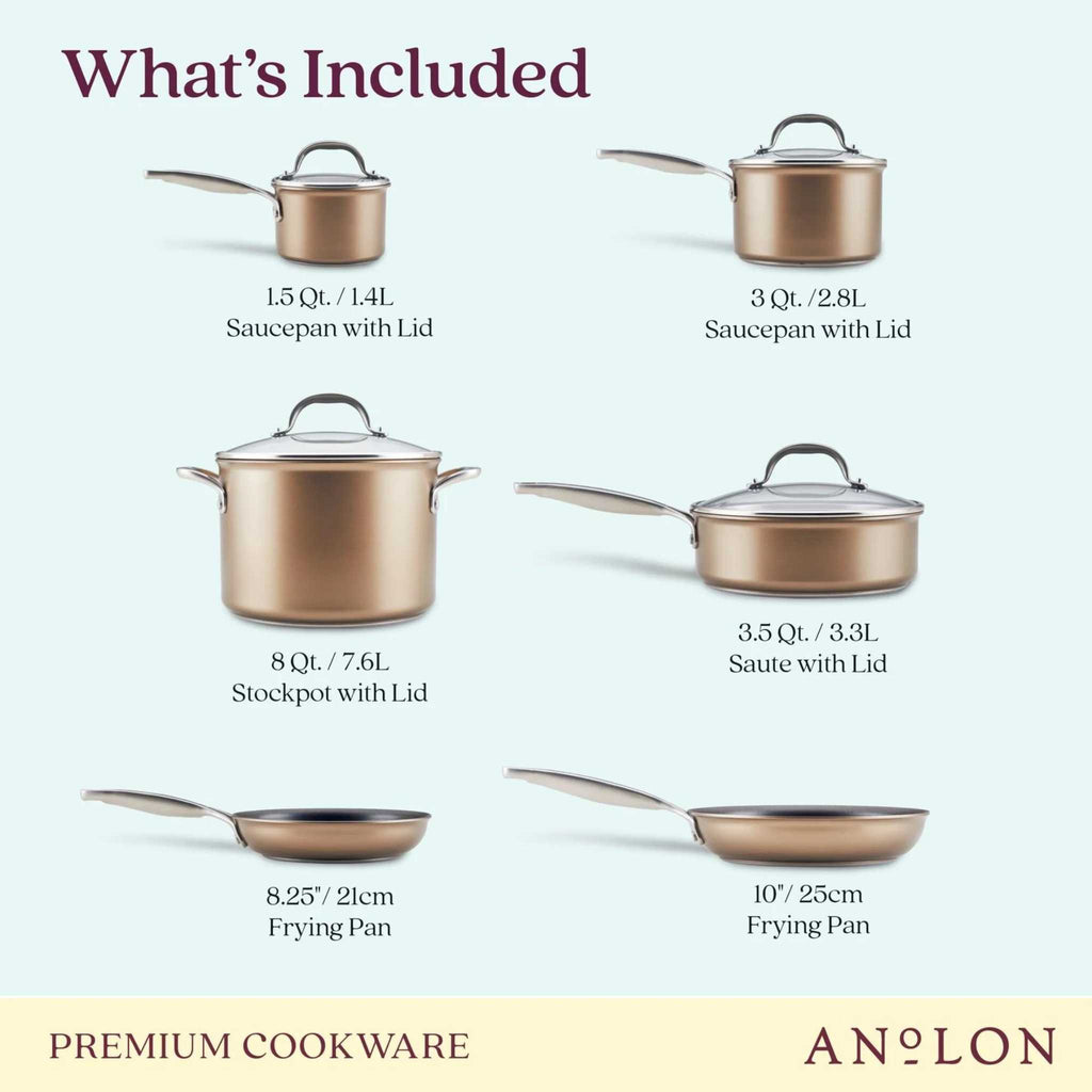 Anolon 10 piece cookware set. Included in the set: 1.5 quart saucepan with lid, 3 quart saucepan with lid, 8 quart stockpot with lid, 3.5 quart saute with lid, 8.25 inch frying pan, and 10 inch frying pan.