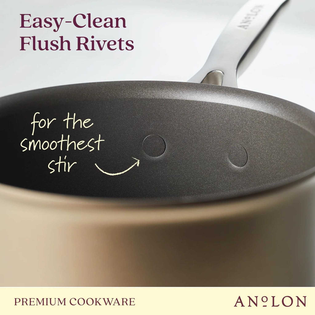 Anolon cookware has easy clean flush rivets