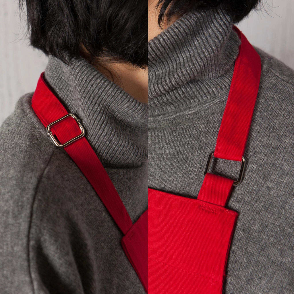 red basic apron - closeup of neck loop