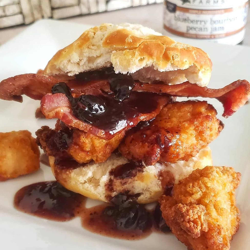 Blueberry bourbon pecan jam Terrapin Ridge Farms in a fried chicken and bacon biscuit.