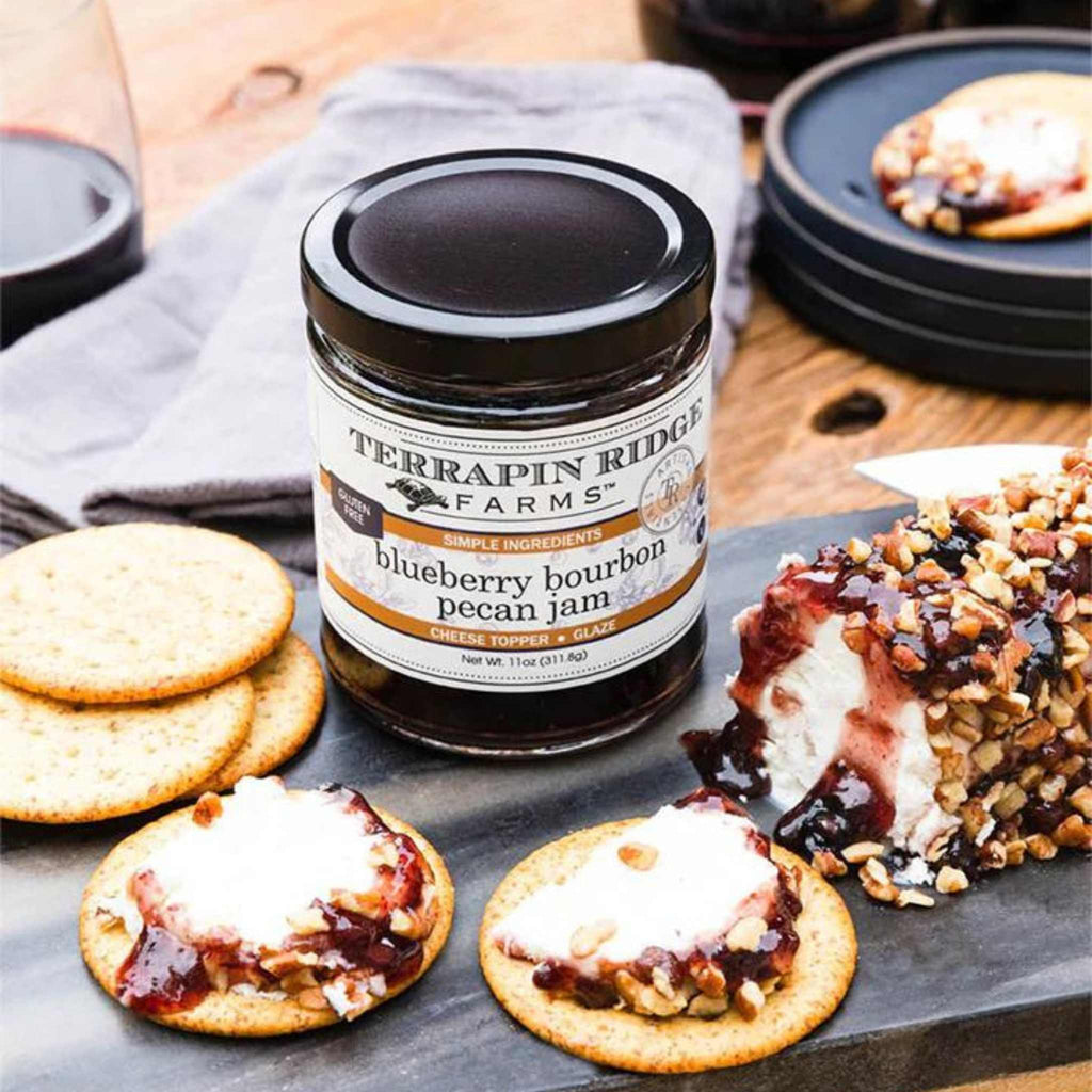 Blueberry bourbon pecan jam Terrapin Ridge Farms 5 oz. jar pictured with crackers and cheese