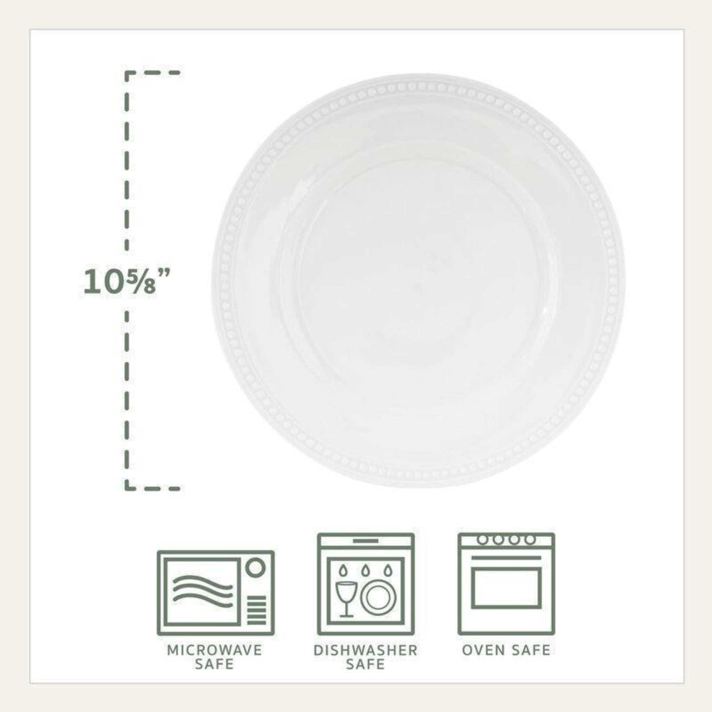 Everyday white beaded dinner plate with measurementsby Fitz and Floyd.