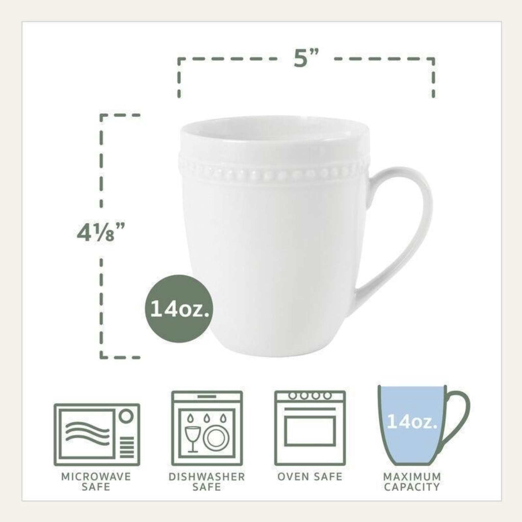 Everyday white beaded mug with measurements by Fitz and Floyd.