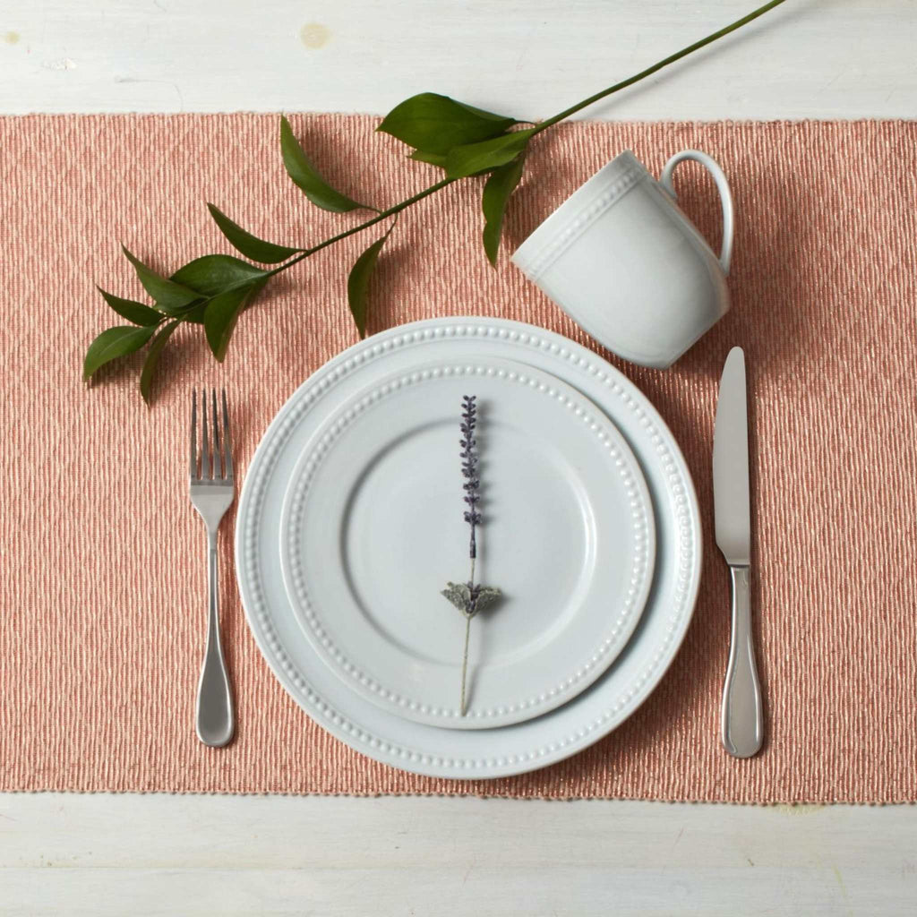Everyday white beaded dinnerware set tablescape by Fitz and Floyd.