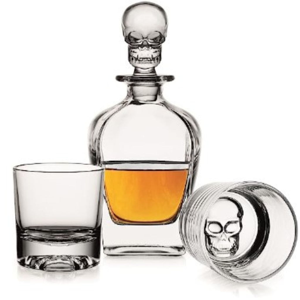 whiskey decanter skull liquor bottle and glasses