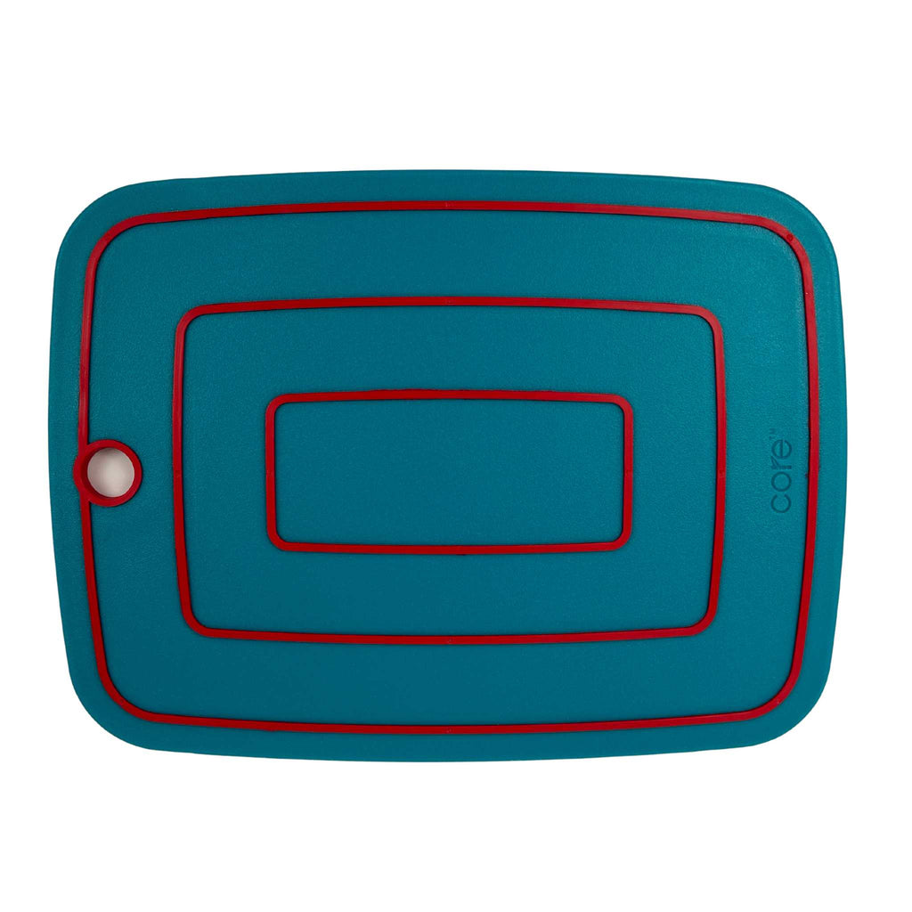 Grip Strip Essential Medium Cutting Board 12" x 9". Turquoise color. Back view.