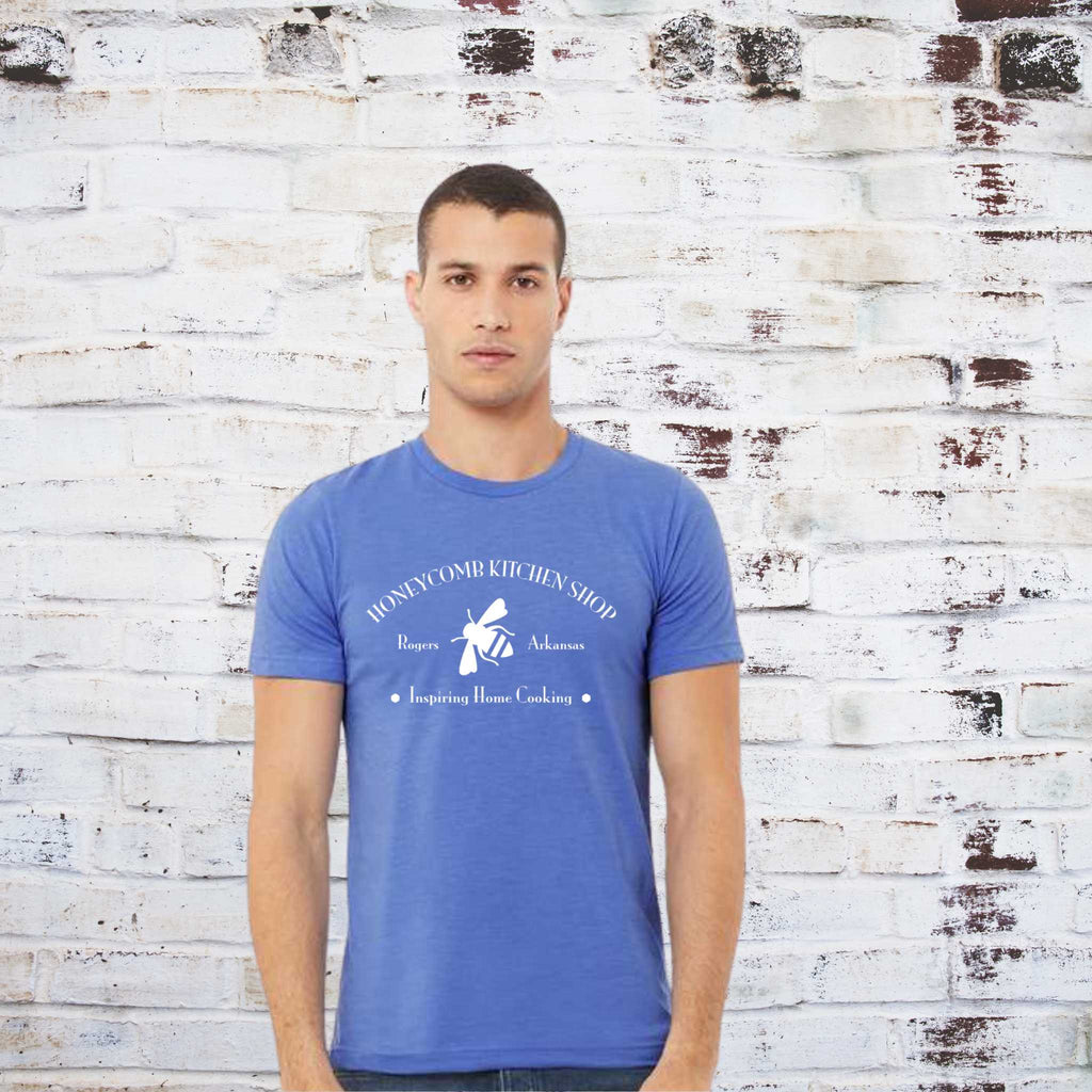 HKS bee t-shirt in columbia blue. Lifestyle image.