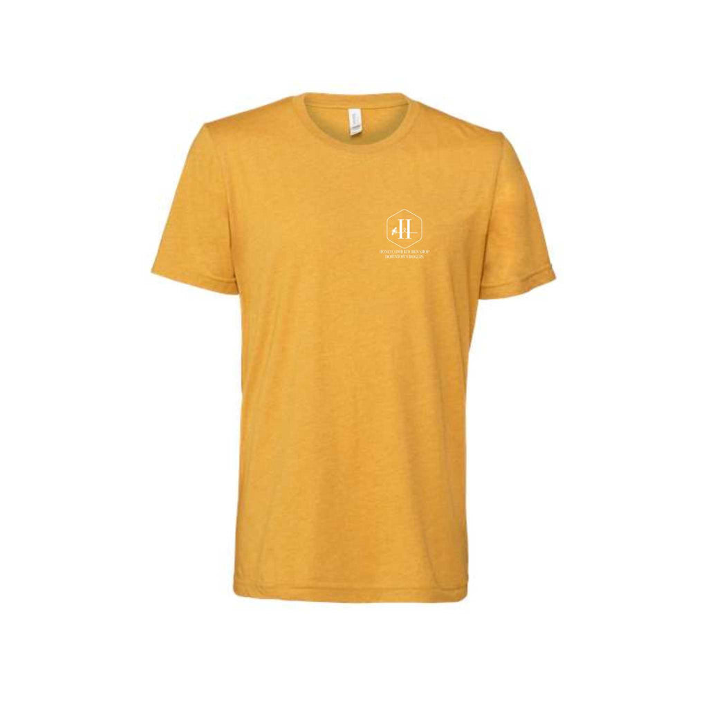 HKS cooks tools shirt in mustard. Front side.