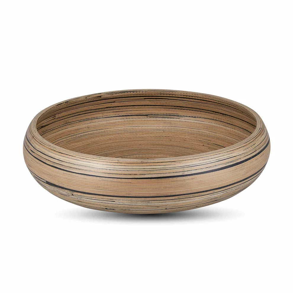 bamboo bowl with black horizontal stripes on white background