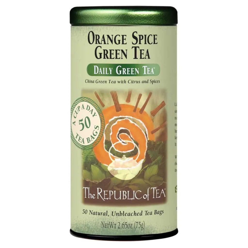 Orange spice green tea of the Republic of Tea.