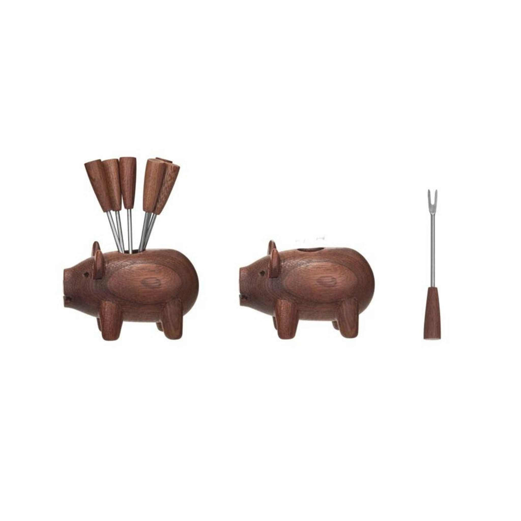 Pig shaped holder with 6 appetizer forks