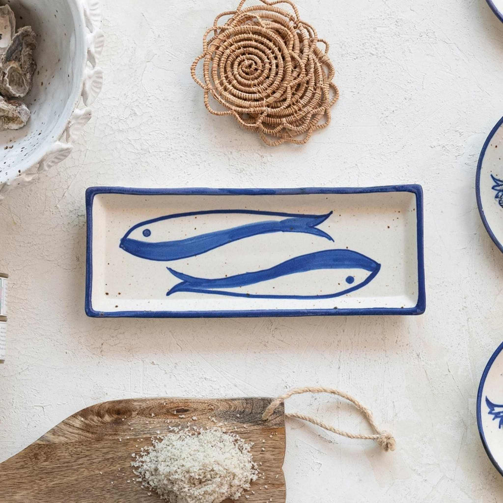 Rectangular plate with handpainted fish lifestyle image