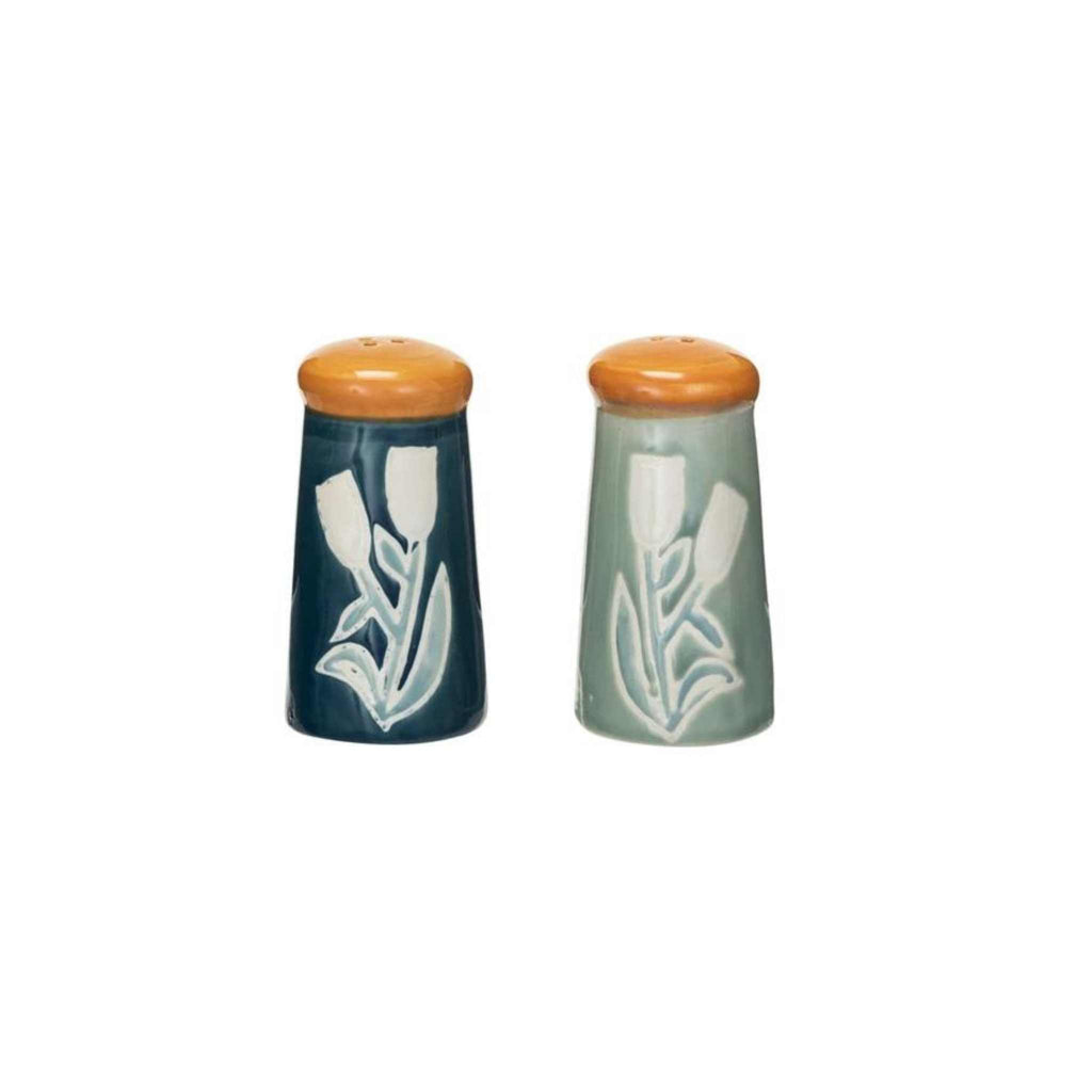 Salt and pepper shakers wax relief flowers