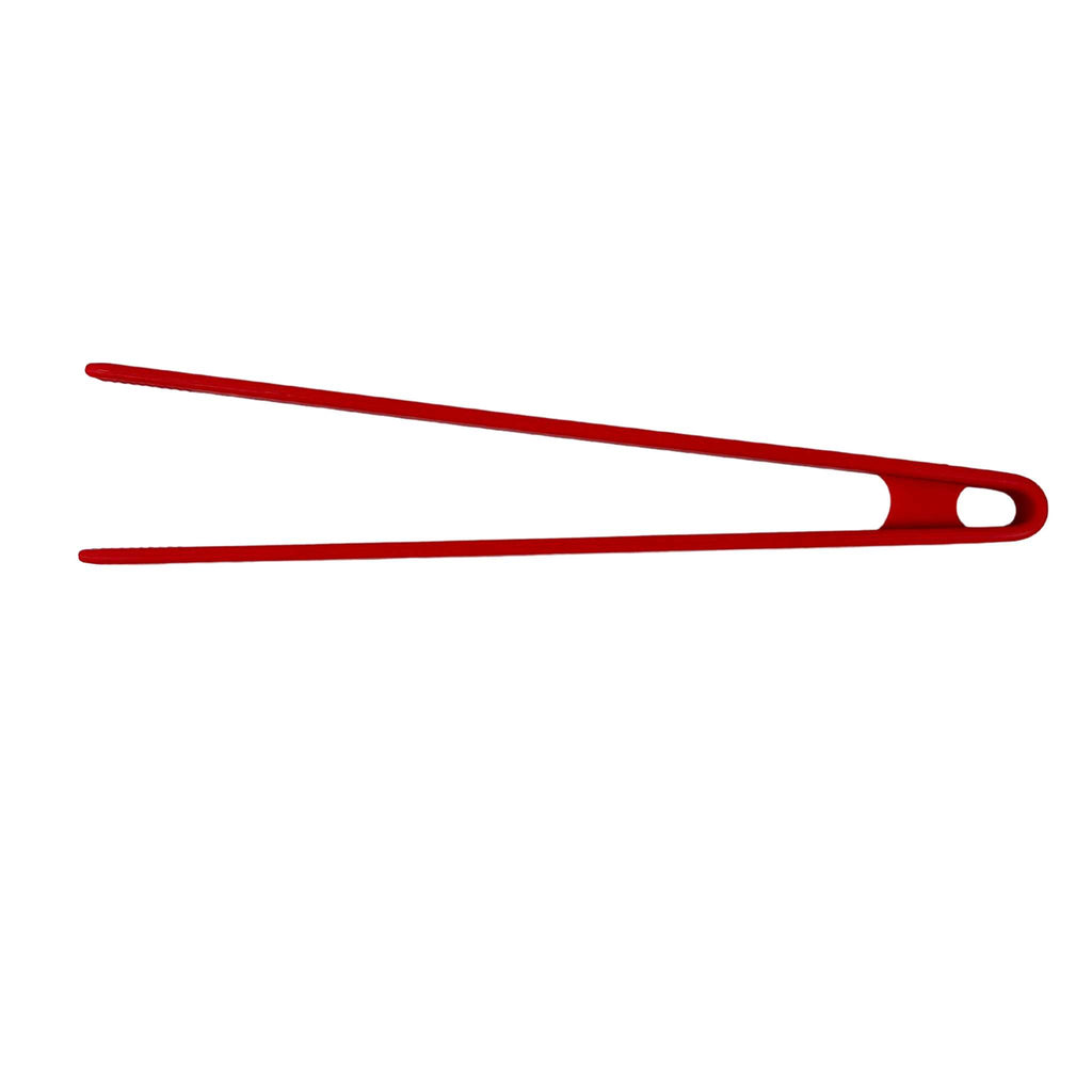 Silicone tong 11.5 inches long in red color.