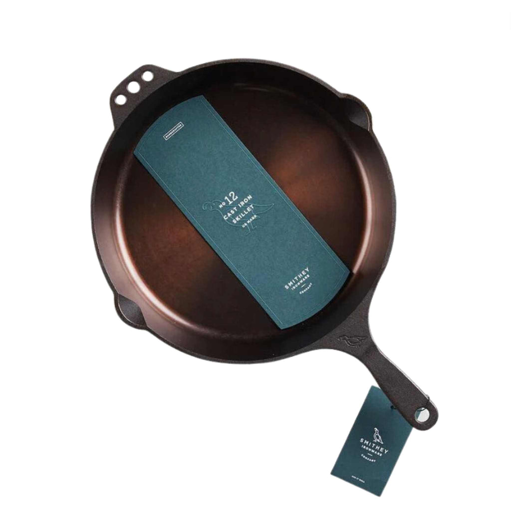 Smithey No. 12 cast iron skillet with labeling.