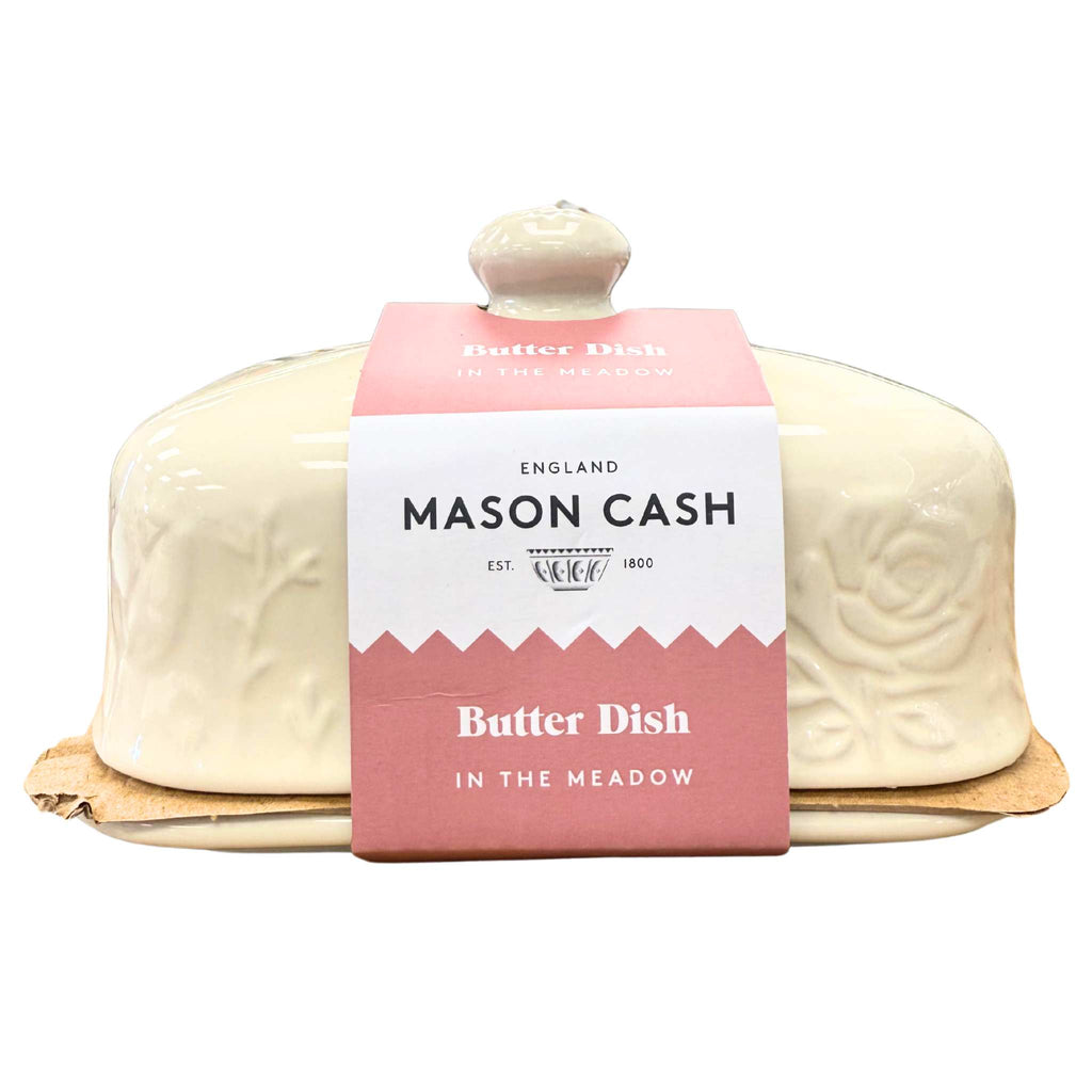 butter dish by mason cash against a white background