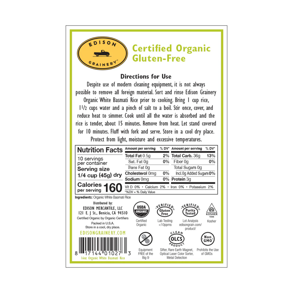 Organic White Basmati Rice - nutrition info