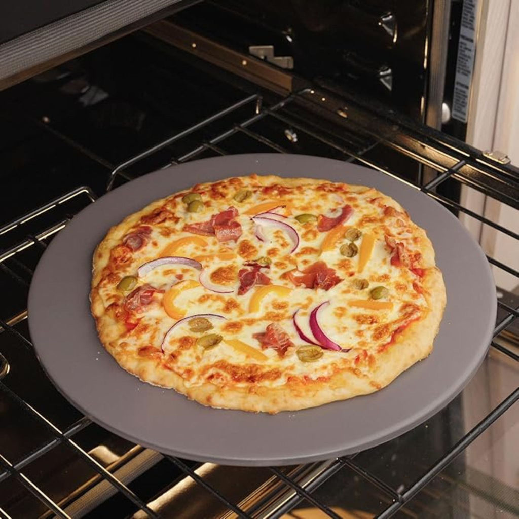 Glazed Pizza Baking Stone - Round in use