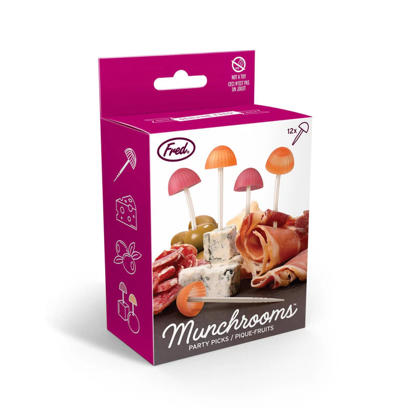 Packaging of Munchrooms party picks with a purple top and white bottom on a white background.