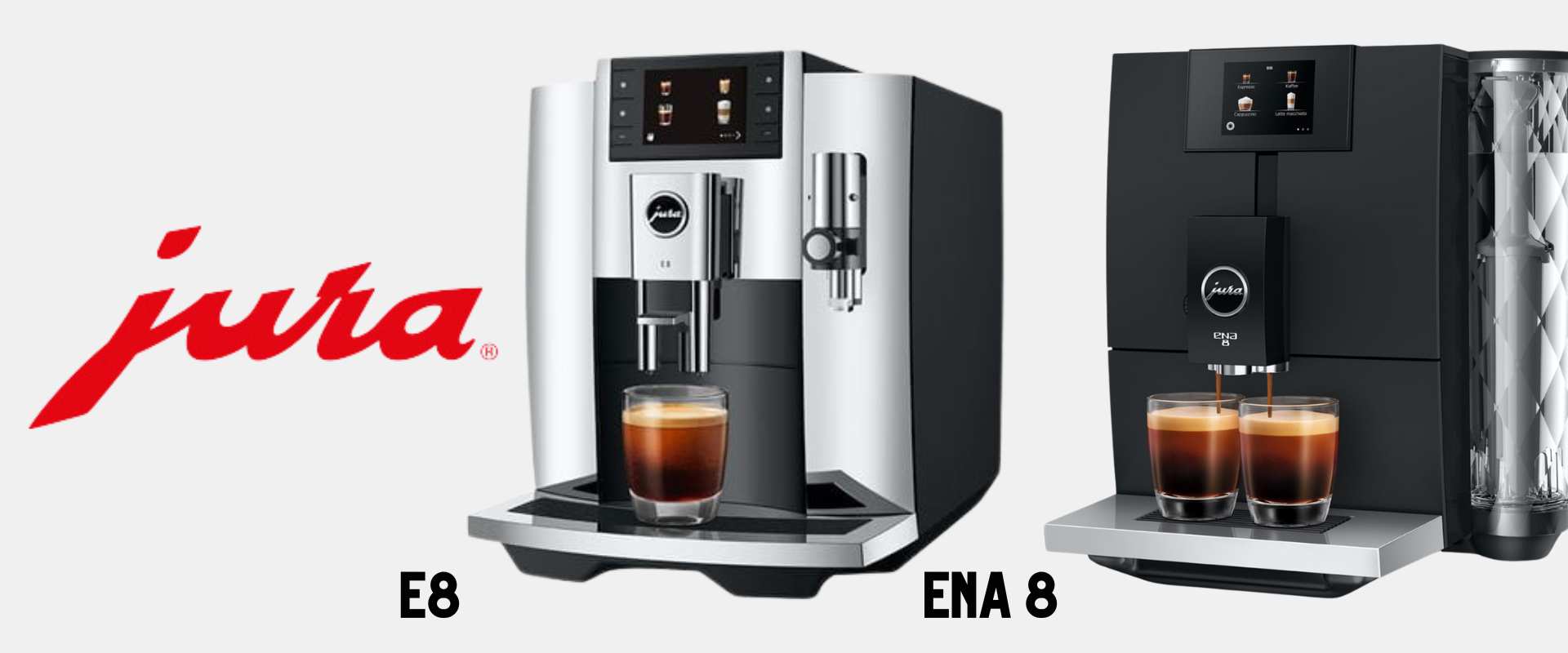 Homepage banner with Jura logo and images of the E8 coffee machine and the ENA 8 coffee machine.