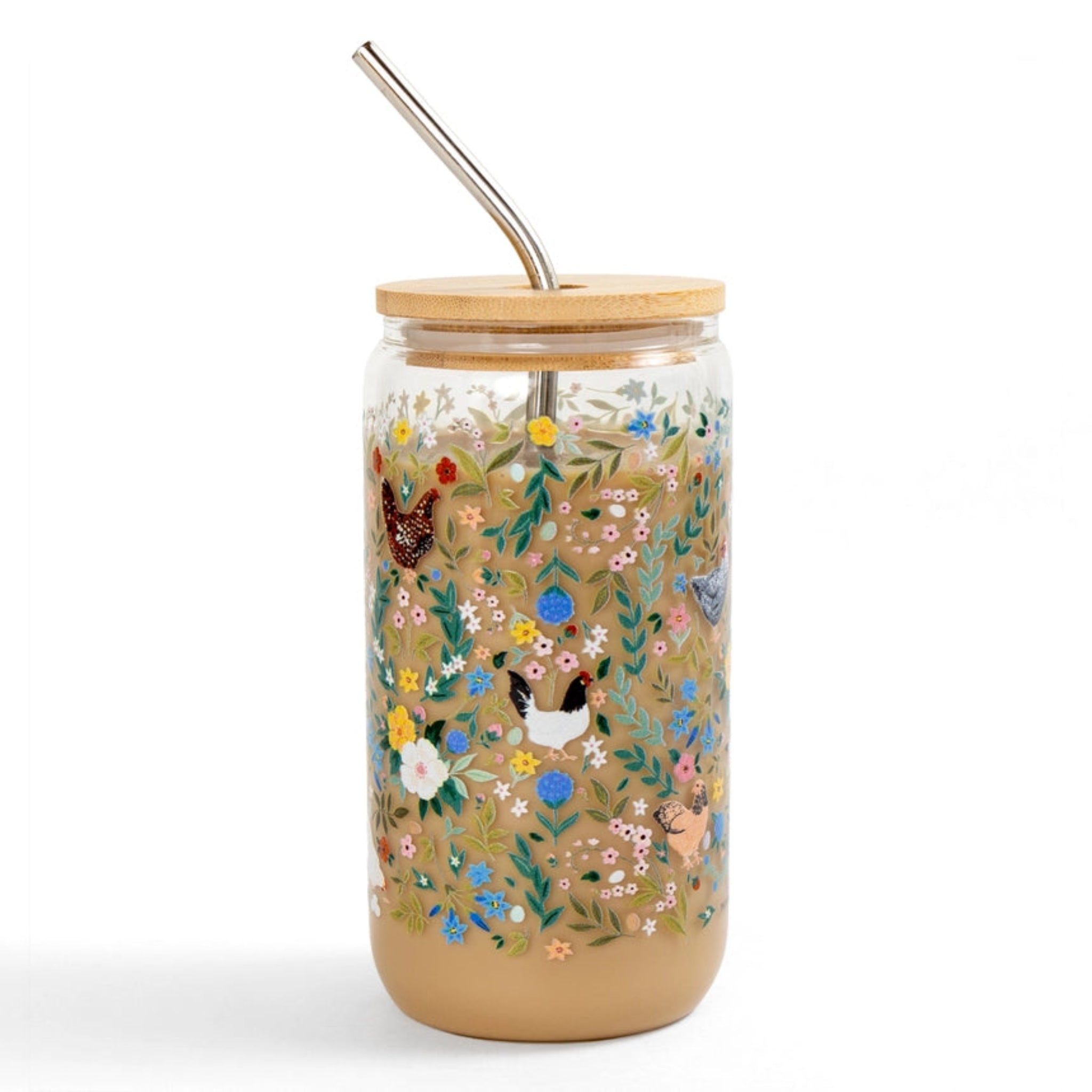 Glass Can - Chickens & Flowers