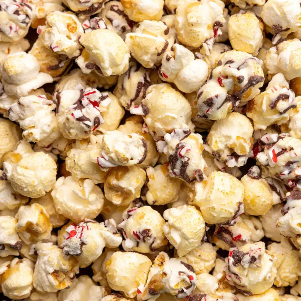 Peppermint Bark Popcorn closeup of product